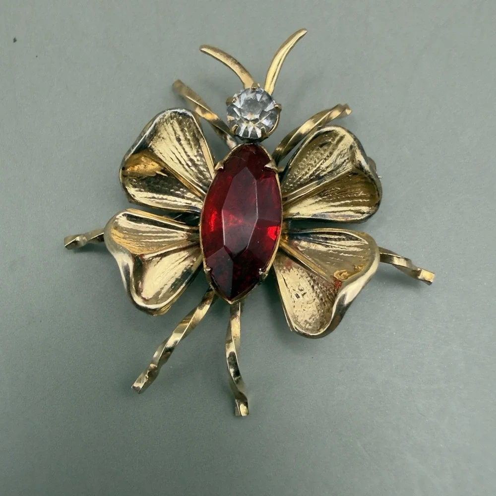 LINC Butterfly Brooch 1/20 12K Gold Filled Red Stone Insect Pin 1.5